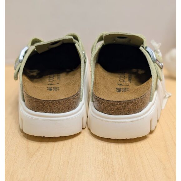 Birkenstock Papillio Boston Chunky Faded Lime Suede Leather Platform Clogs NWT - Picture 5 of 13